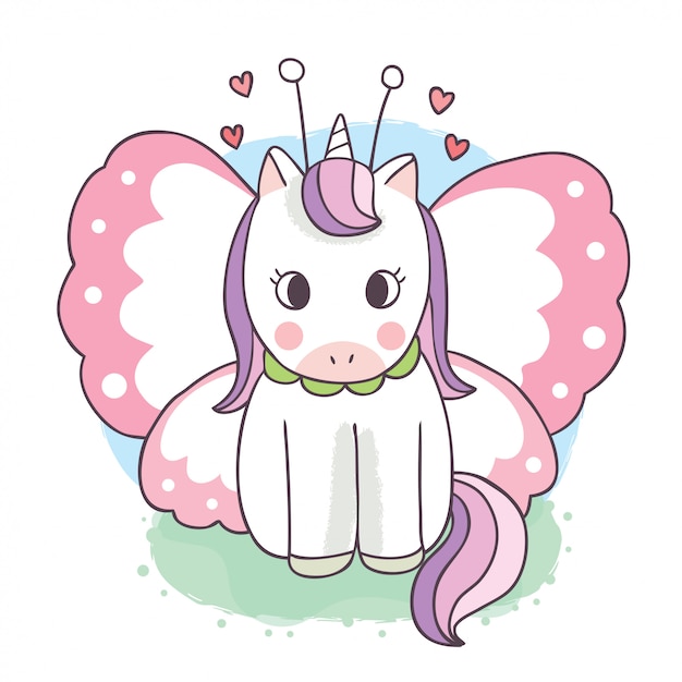 Dibujos animados lindo dulce unicornio y ala mariposa