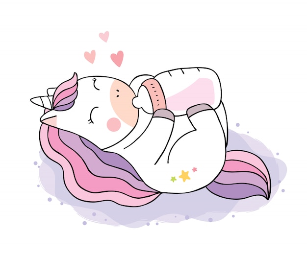 Dibujos animados lindo dulce unicornio beber leche.