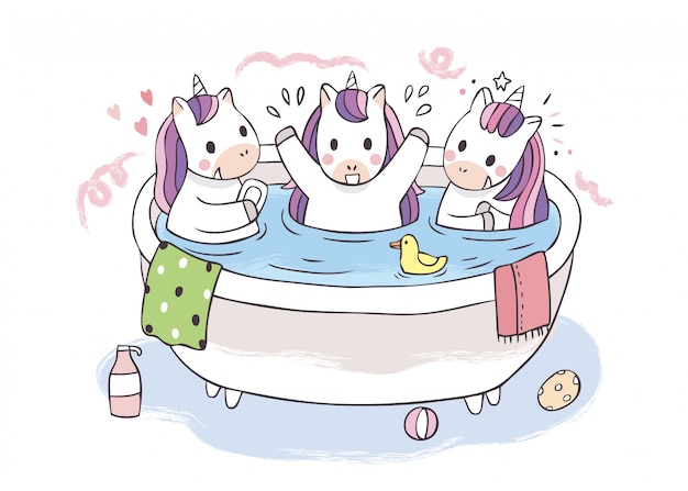 Vector dibujos animados lindo dulce unicornios jugando agua en la bañera.