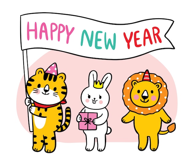 Dibujos animados lindo feliz año nuevo 2022 León y conejo y tigre y vector de bandera