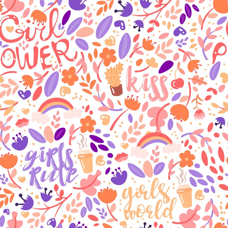Dibujos animados lindo feminista y floral de patrones sin fisuras con poder de niña y niñas reglas elementos de moda.