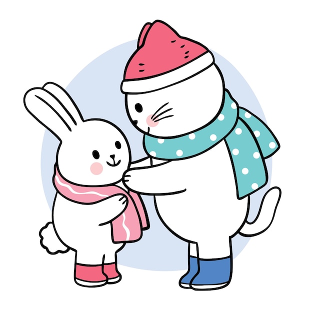 Dibujos animados lindo gato con bufanda a conejo