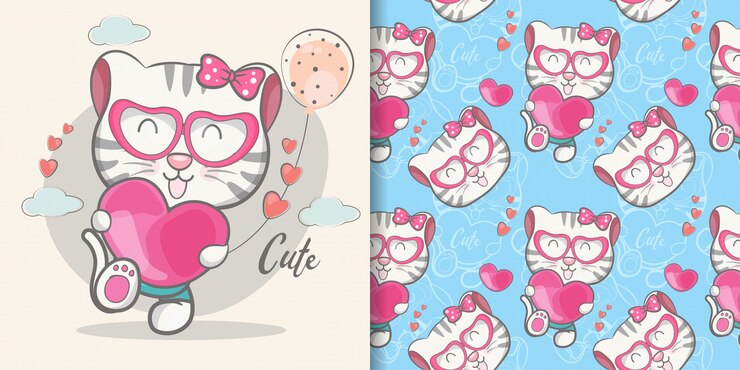 Dibujos animados lindo gato con conjunto de patrones