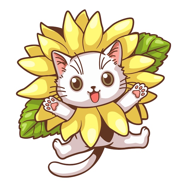 Dibujos animados lindo gato y girasol pequeño gato blanco con un vestido de girasol