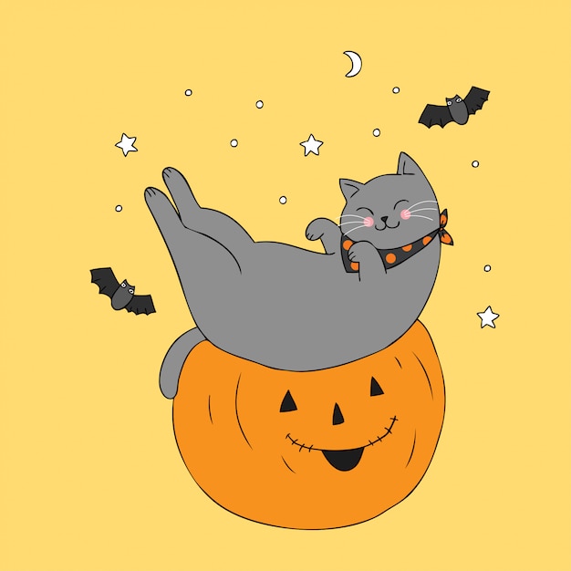 Dibujos animados lindo gato de Halloween durmiendo y vector de calabaza.