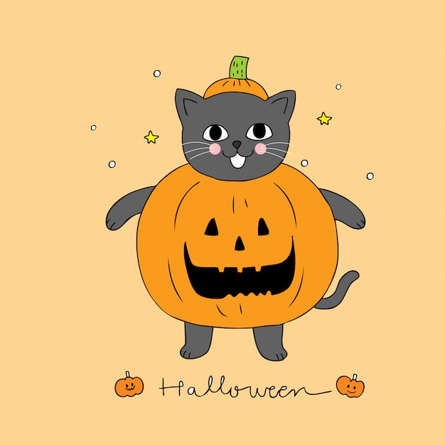 Dibujos animados lindo gato de Halloween y vector de calabaza.