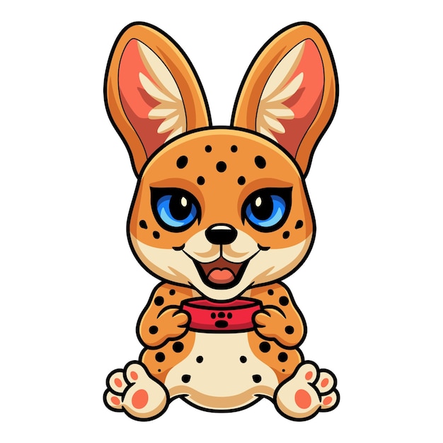 Dibujos animados lindo gato serval con plato de comida