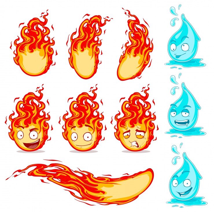 Vector dibujos animados lindo gracioso gotas de agua y bolas de fuego