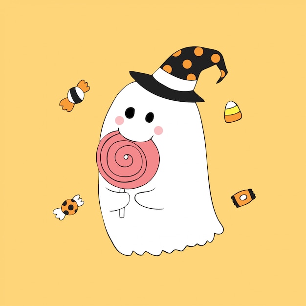 Dibujos animados lindo Halloween fantasma y caramelo vector.