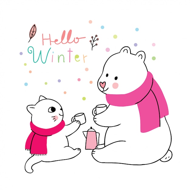 Dibujos animados lindo invierno, gato y oso polar tomando café