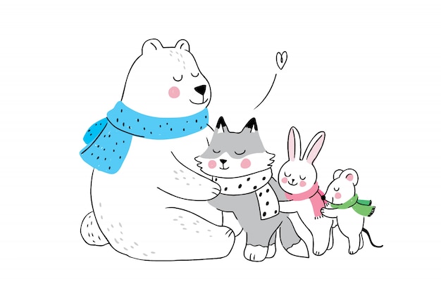 Dibujos animados lindo invierno oso polar abrazando pequeños animales