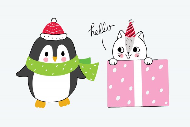 Dibujos animados lindo invierno pingüino y gato en caja chica