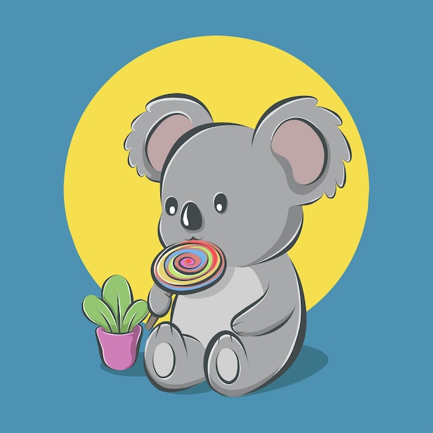 Dibujos animados lindo koala sentado y comiendo dulces