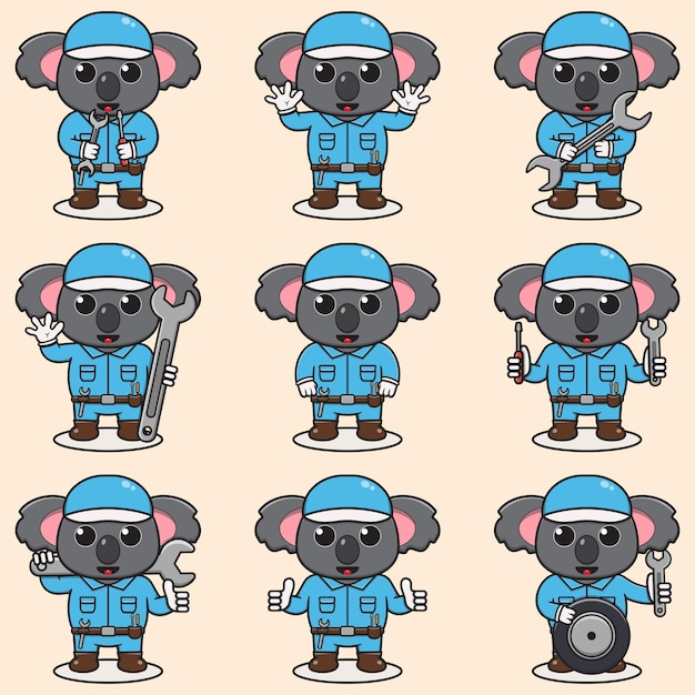 dibujos animados de un lindo Koala con uniforme de mecánico y gorra