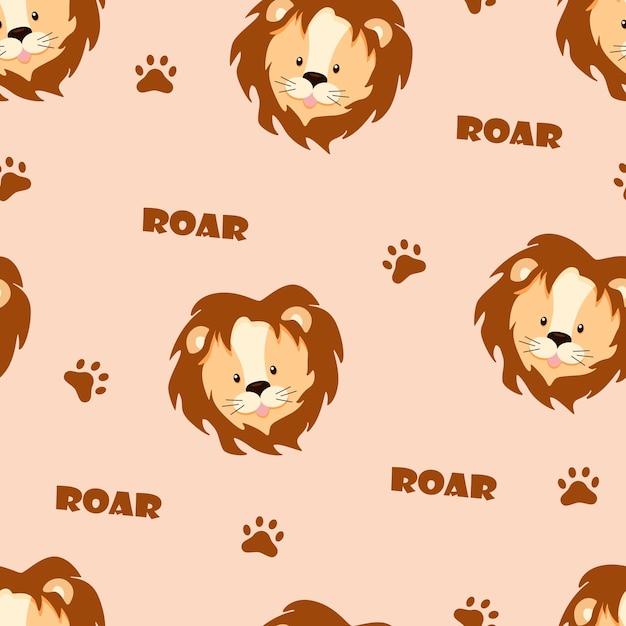 Dibujos animados lindo león de patrones sin fisuras, ilustración vectorial de un animal africano. Fondo para imprimir texturas, ropa o embalaje para niños.