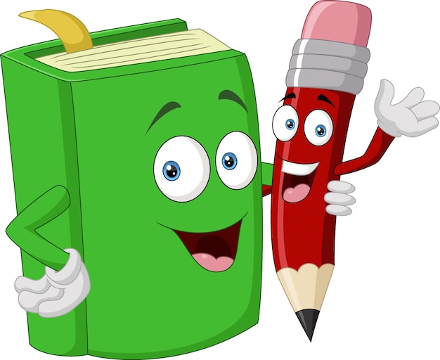Dibujos animados lindo libro y lápiz
