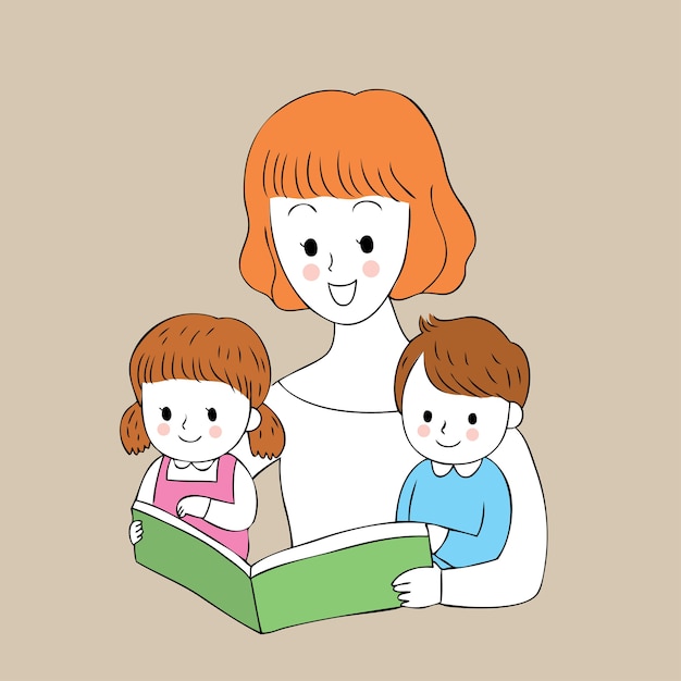 Dibujos animados lindo mamá y niños leyendo un libro vector.