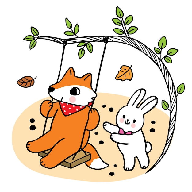 Dibujos animados lindo mano dibujar zorro y conejo acampando en otoño vector