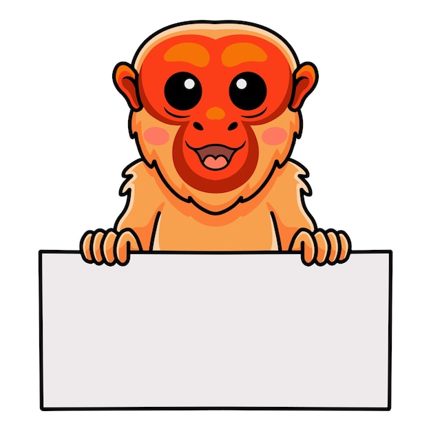 Dibujos animados lindo mono uakari calvo con cartel en blanco