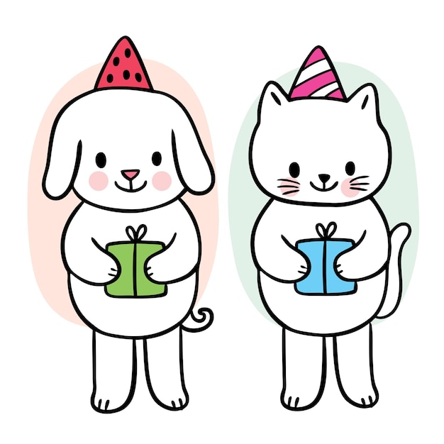 Dibujos animados lindo navidad y año nuevo perro y gato y regalos vector