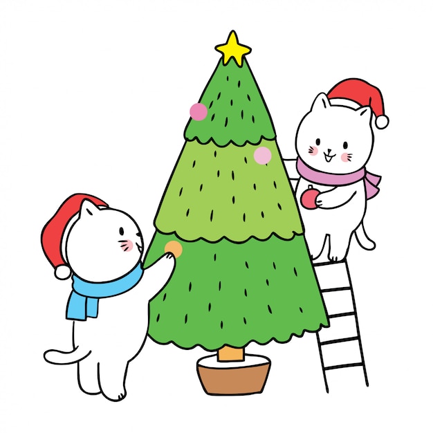 Dibujos animados lindo navidad, gatos marco árbol de navidad