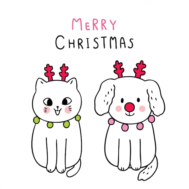 Dibujos animados lindo Navidad perro y gato con reaindeer.