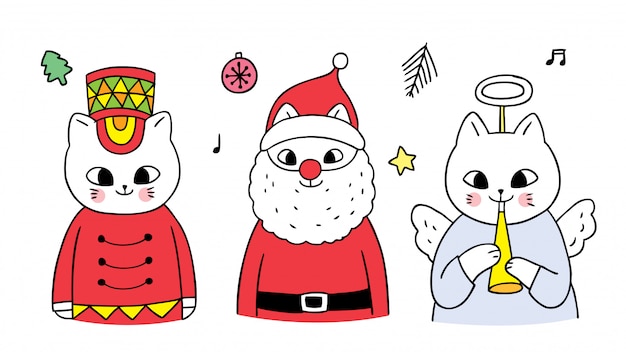 Dibujos animados lindo navidad, soldado y gatos de santa y ángel.