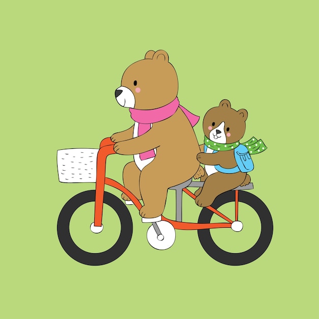 Dibujos animados lindo oso y bebé andar en bicicleta al vector de la escuela.