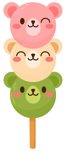 Dibujos animados lindo oso dango postre tradicional japonés aislado en blanco. dango hanami