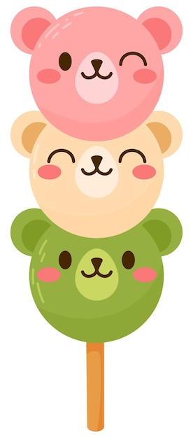 Vector dibujos animados lindo oso dango postre tradicional japonés aislado en blanco. dango hanami