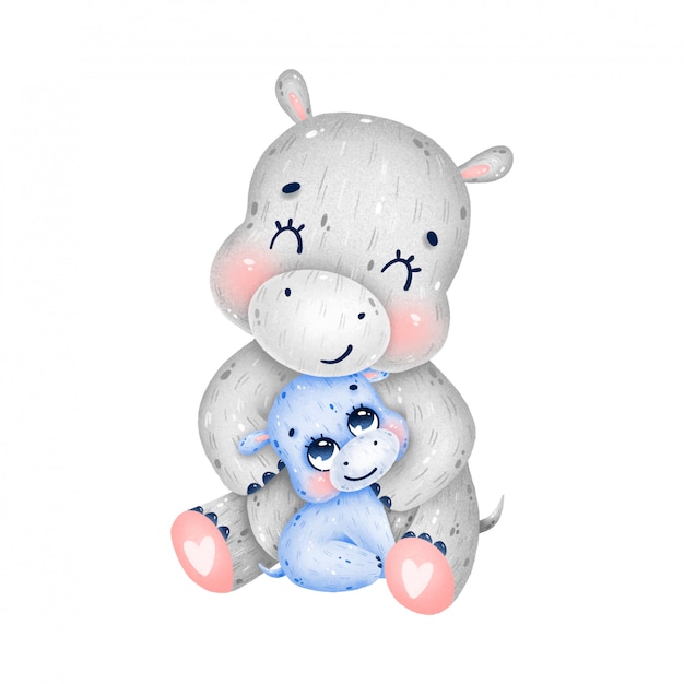 Dibujos animados lindo padre y bebé hipopótamos abrazo