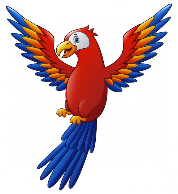 Dibujos animados lindo pájaro guacamayo volando