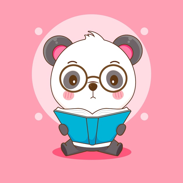 Dibujos animados de lindo panda nerd con gafas leyendo un libro