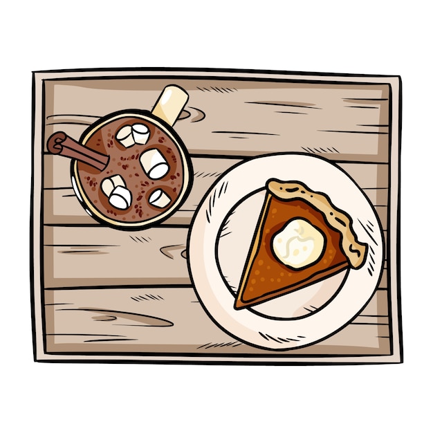 Dibujos animados lindo pastel de calabaza rebanada y chocolate caliente de cacao