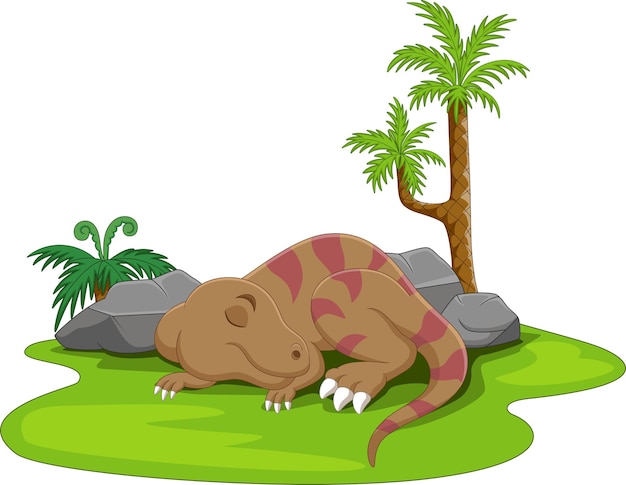 Dibujos animados lindo pequeño dinosaurio durmiendo en la hierba