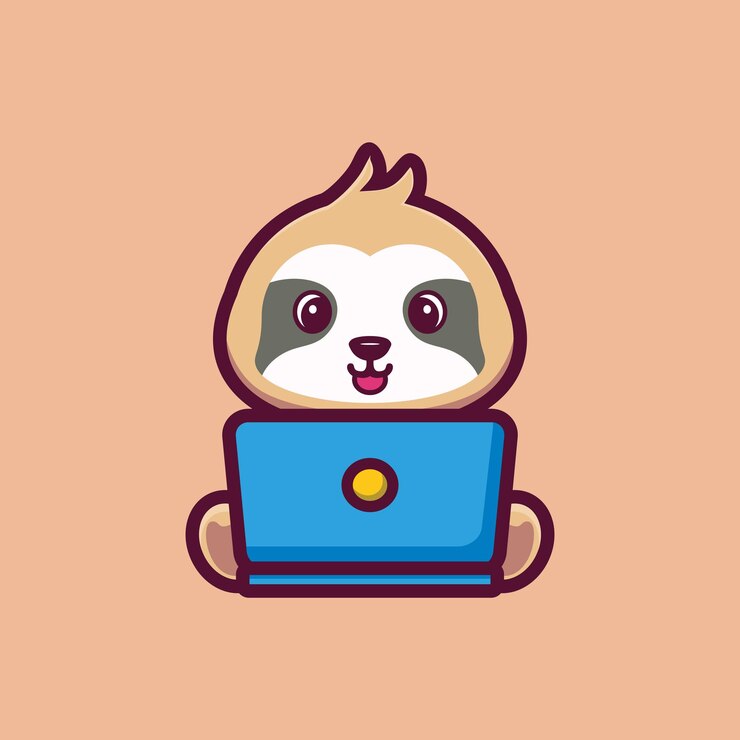 Vector dibujos animados lindo perezoso trabajando frente a una computadora portátil concepto de ilustración de icono de tecnología animal premium