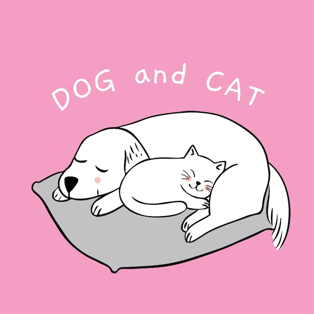 dibujos animados lindo perro y gato durmiendo.