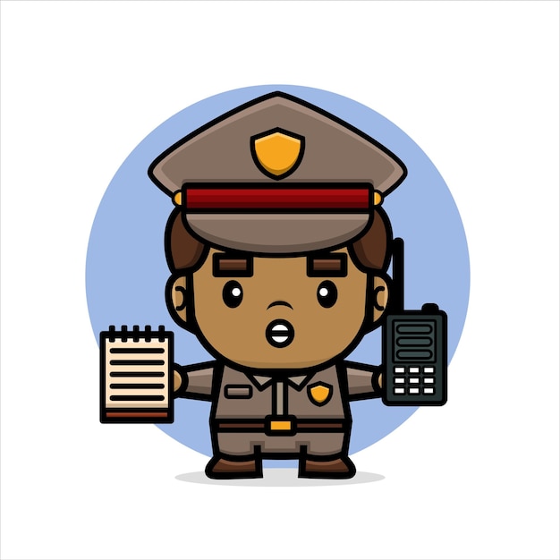 Dibujos animados lindo policía espera walkie talkie y memo