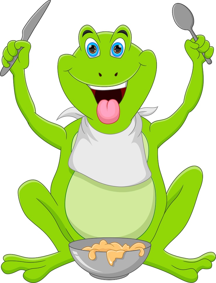 Vector dibujos animados lindo rana con cubiertos