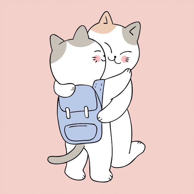 Dibujos animados lindo regreso a la escuela madre y bebé gato besos