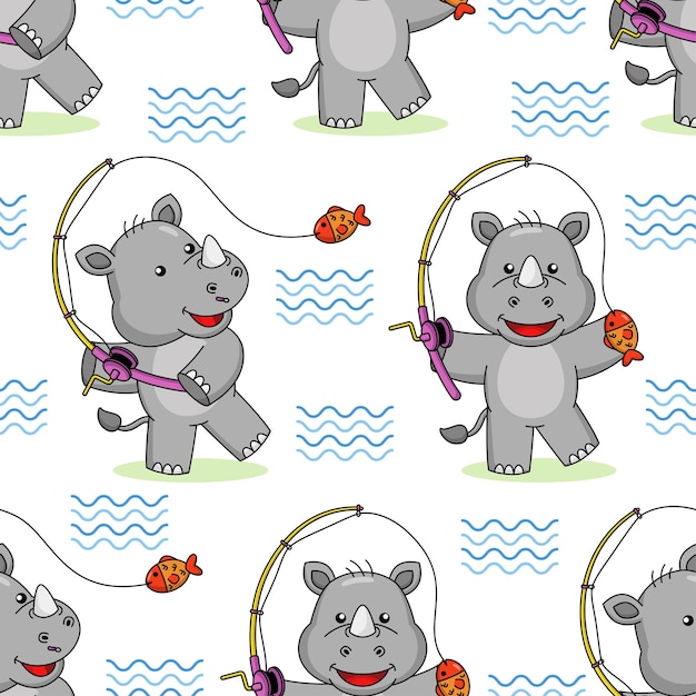 Dibujos animados lindo rinoceronte pesca diseño de patrones sin fisuras