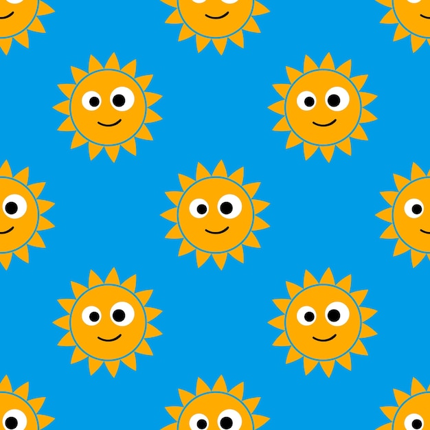 Dibujos animados lindo sol feliz de patrones sin fisuras. Fondo de cielo de día soleado.