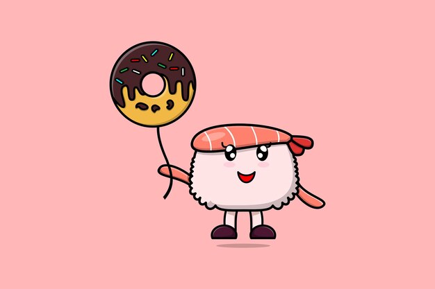Dibujos animados lindo Sushi camarones flotando con donuts globo dibujos animados vector ilustración