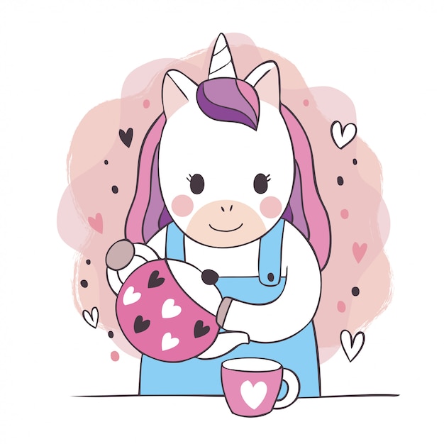 Dibujos animados lindo unicornio dulce y tetera y taza de café.