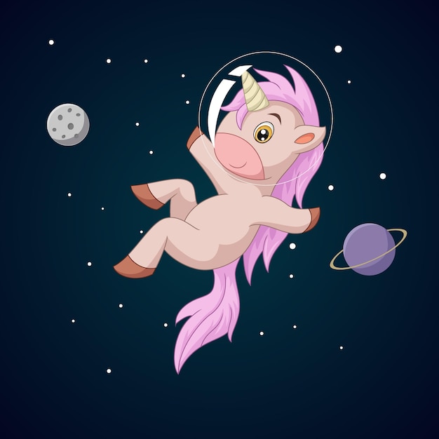 Dibujos animados lindo unicornio en el espacio ultraterrestre