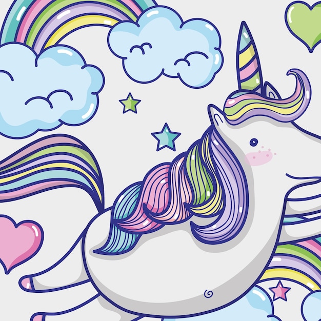 Dibujos animados lindo unicornio mágico y fantástico