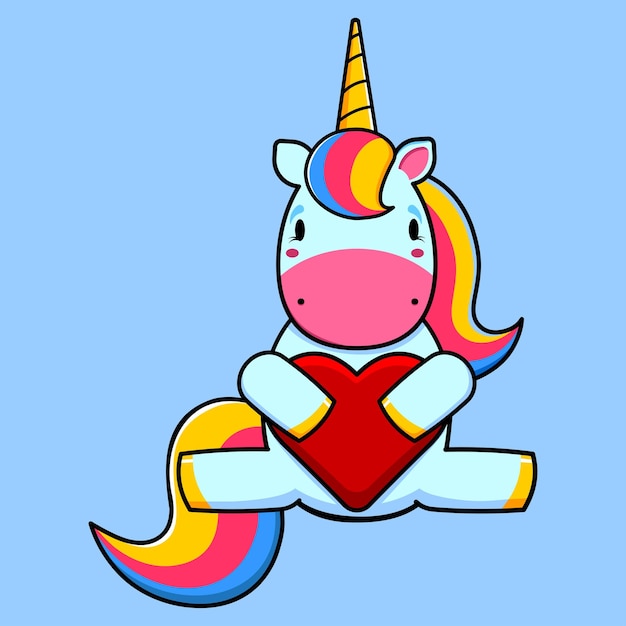 Dibujos animados lindo unicornio sentado y sosteniendo un corazón ilustración infantil imagen vectorial