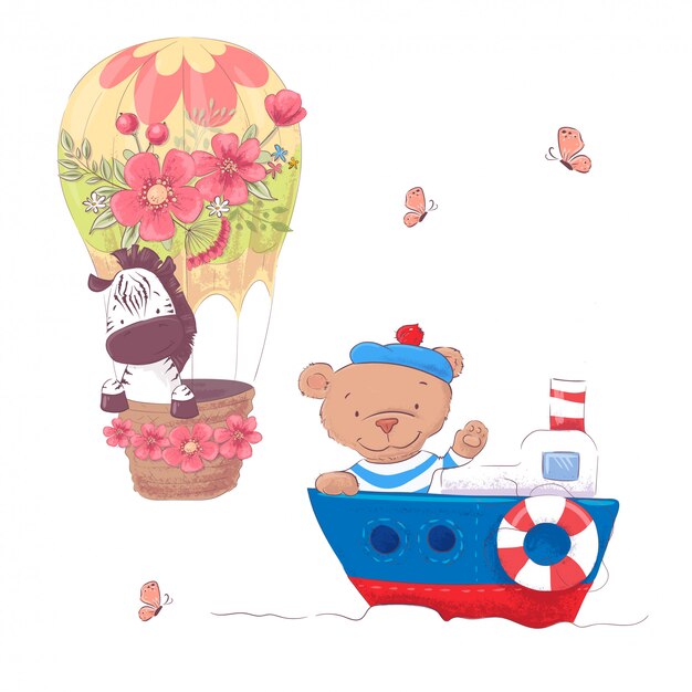 Dibujos animados lindos animales transportan vehículo nave y globo