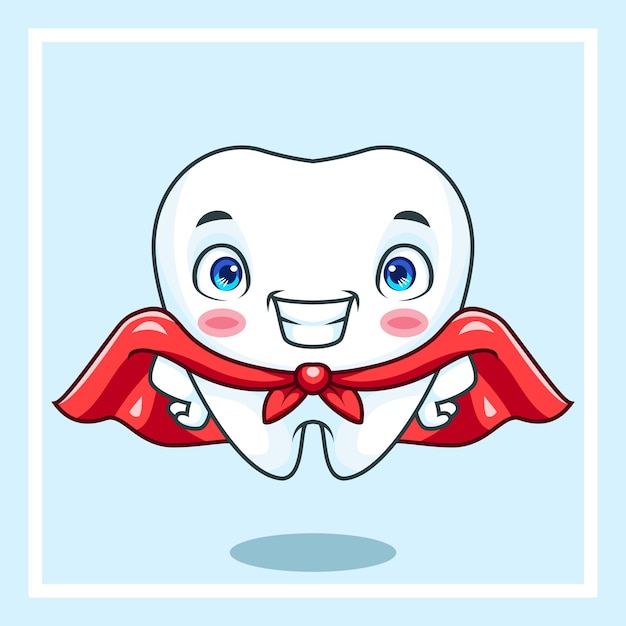 Dibujos animados lindos dientes en capa de héroe sonriendo