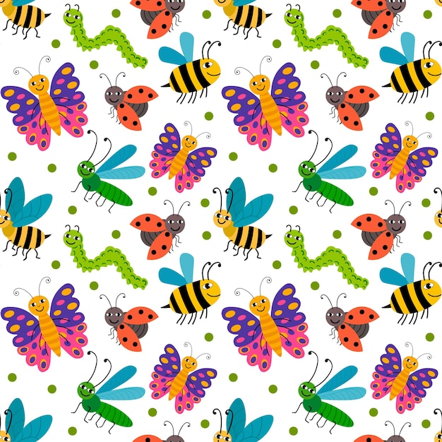 Dibujos animados lindos insectos de verano sonrientes al azar de patrones sin fisuras con pequeños puntos.